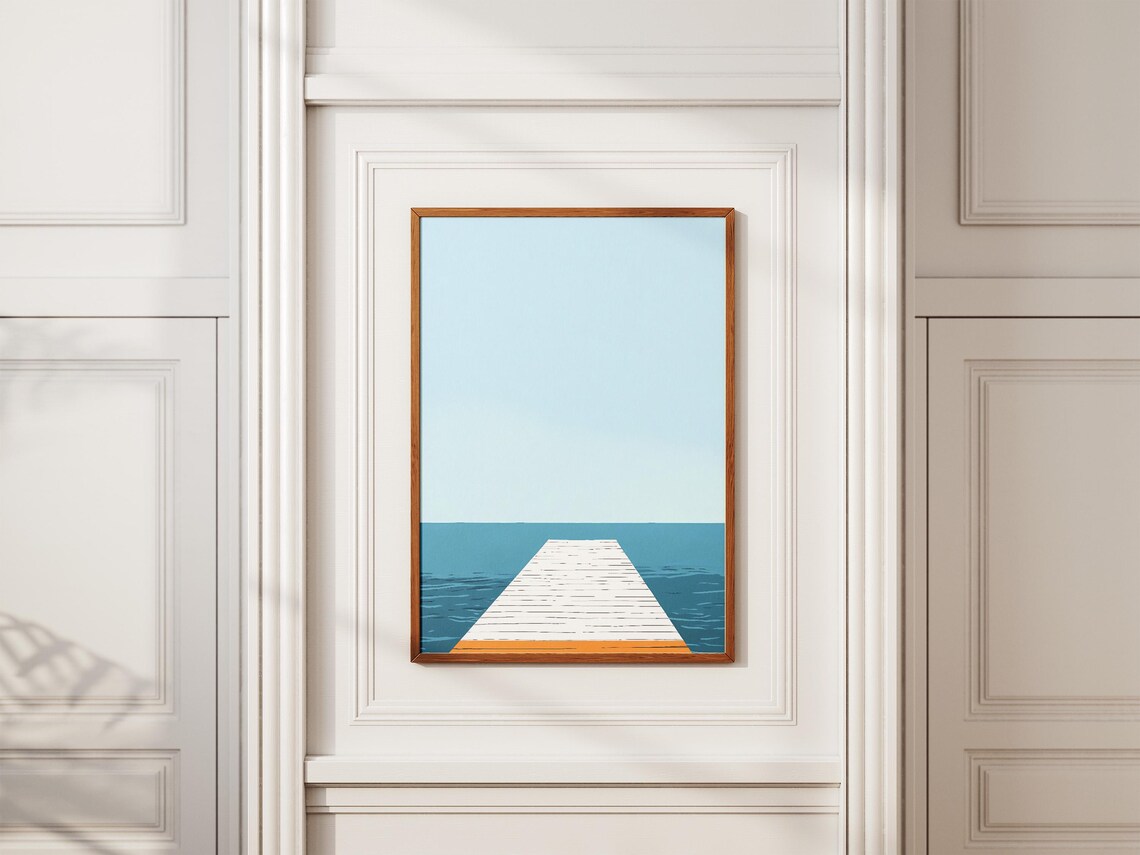 Minimalist Ocean Pier White Wooden Dock Calm Blue Sea Art Wall Poster - Image 2