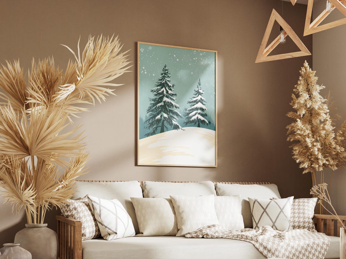 Two Snowy Pines on a Soft Snowdrift Sage Winter Minimalist Poster - Image 3