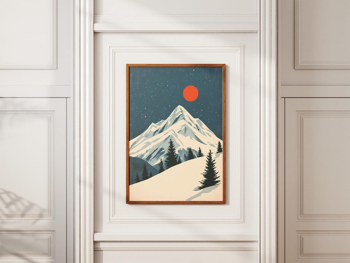 Big Red Sun Over Snowy Mountain Peak Pine Forest Winter Poster - Image 2