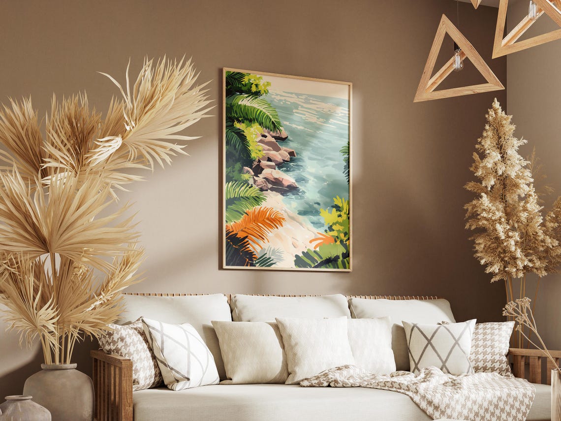 Tropical Rocky Beach with Palm Fronds and Turquoise Sea Art Poster - Image 3