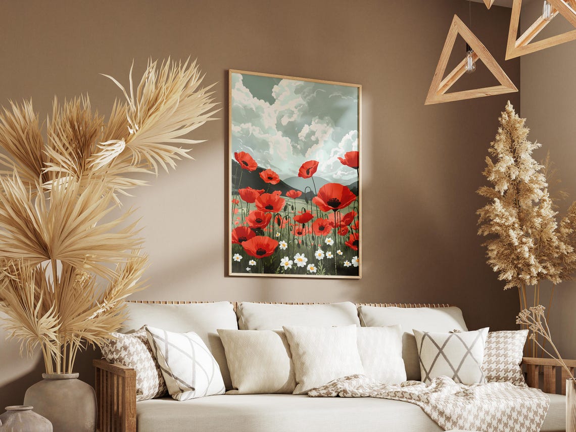 Red Poppies Stormy Sky Dramatic Meadow Wildflower Cloud Poster - Image 3