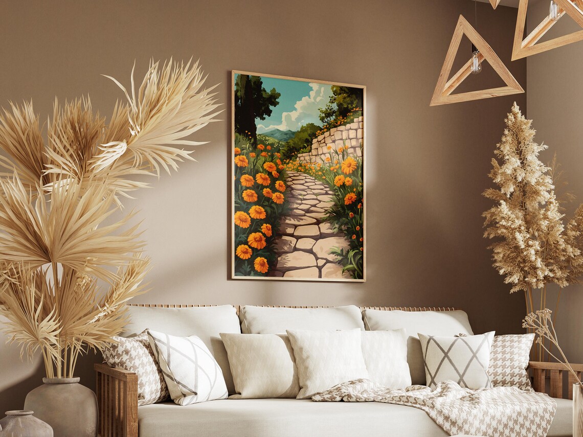 Orange Marigolds Along Stone Garden Path Sunny Garden Scene Poster - Image 3