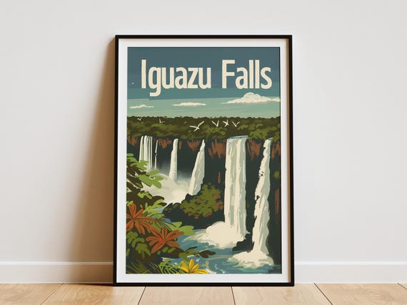 Iguazu Falls Argentina Brazil Poster Travel Print Illustration Minimalist Wall Art Landscape Art Print