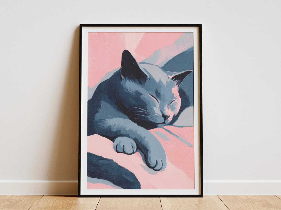 Gray Cat Sleeping on Pink Bedding Soft Pastel Pet Portrait Poster