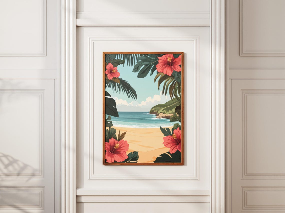 Tropical Beach Hibiscus Flowers Ocean Cove Summer Vacation Poster - Image 2