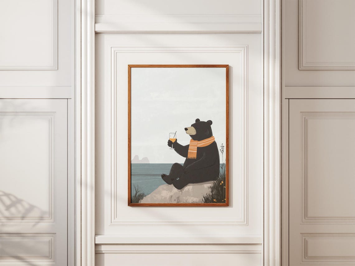 Black Bear In Scarf Drinking Cocktail Seaside Rock View Poster - Image 2