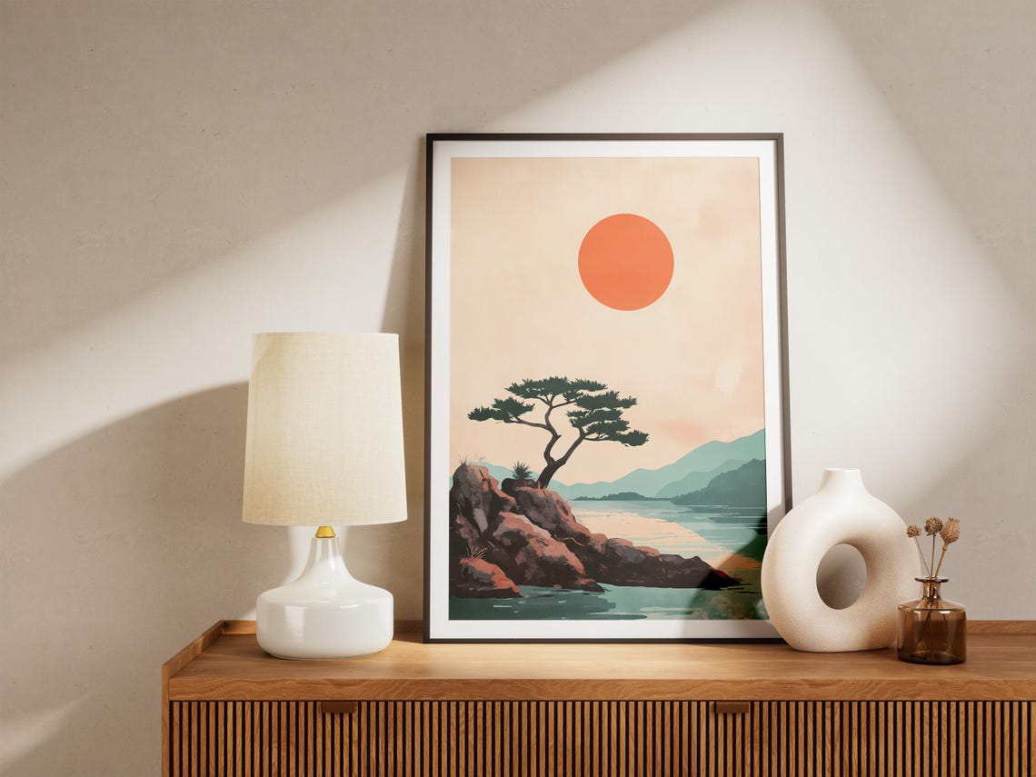 Japanese Pine On Rocky Shore Under Red Sun Minimalist Poster - Image 5