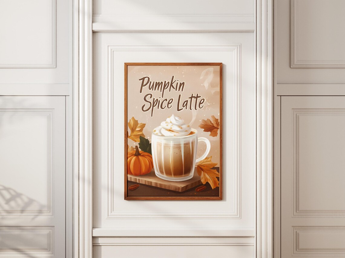 Pumpkin Spice Latte With Whipped Cream and Autumn Leaves Poster - Image 2