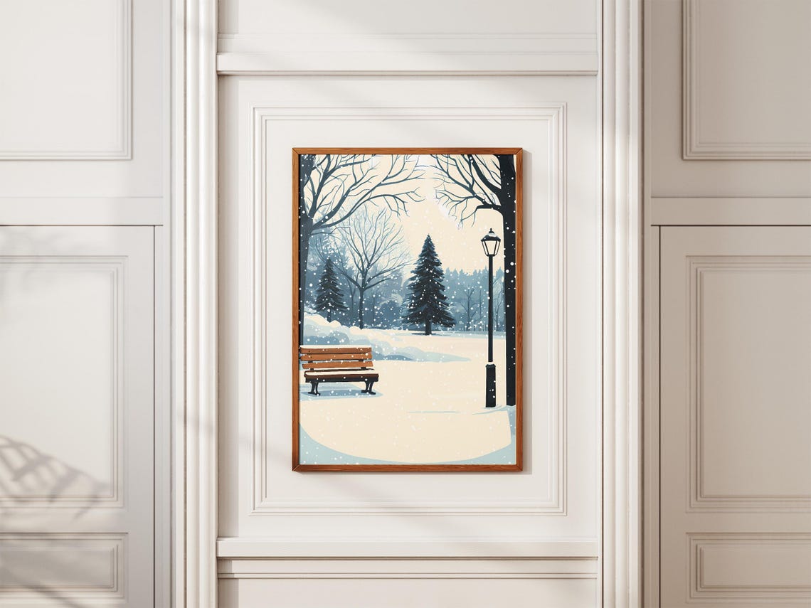 Snowy Park Bench Under a Vintage Lamp Post in Falling Snow Poster - Image 2