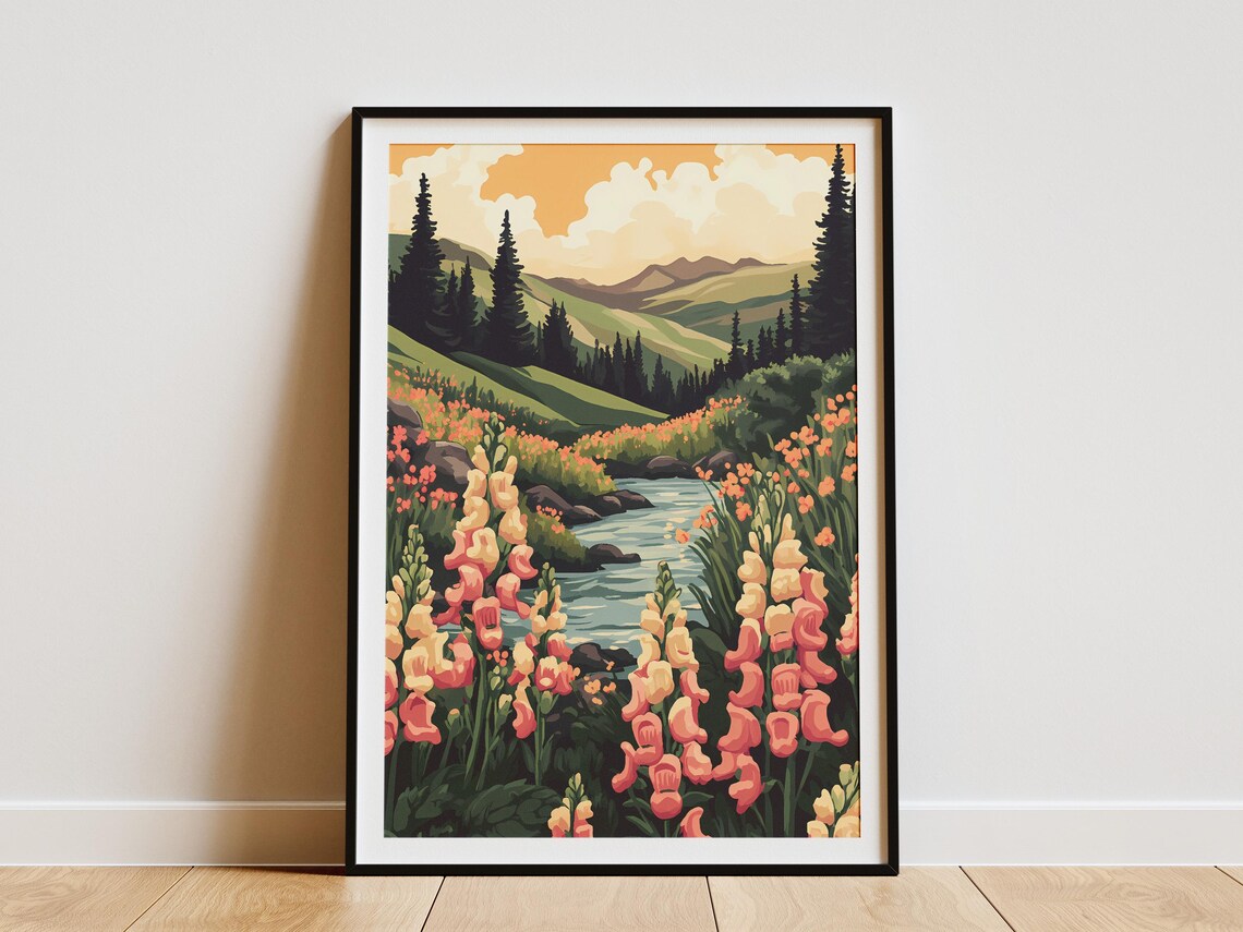Pink Wildflower Meadow Mountain Stream Pines Landscape Poster