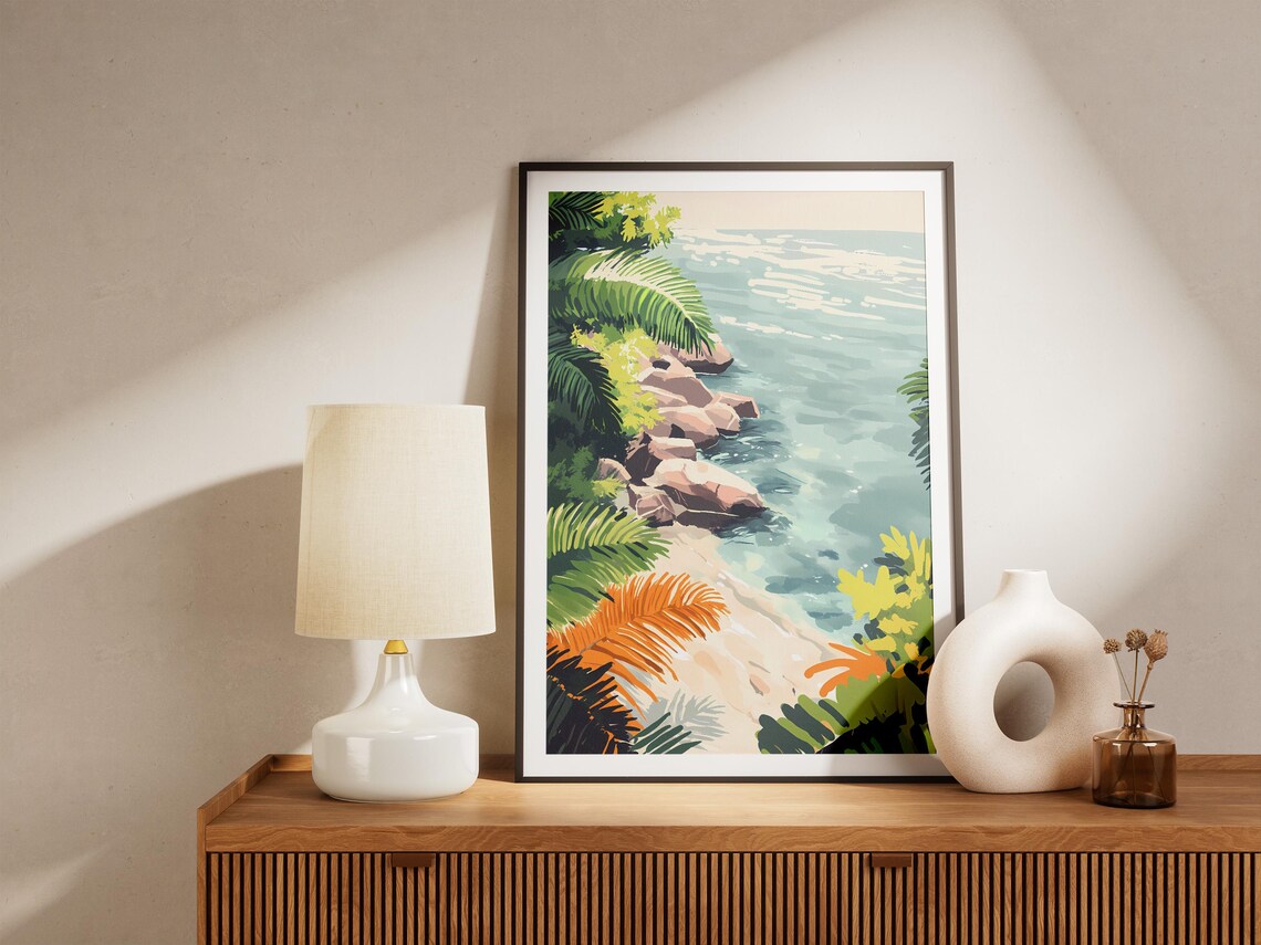 Tropical Rocky Beach with Palm Fronds and Turquoise Sea Art Poster - Image 5