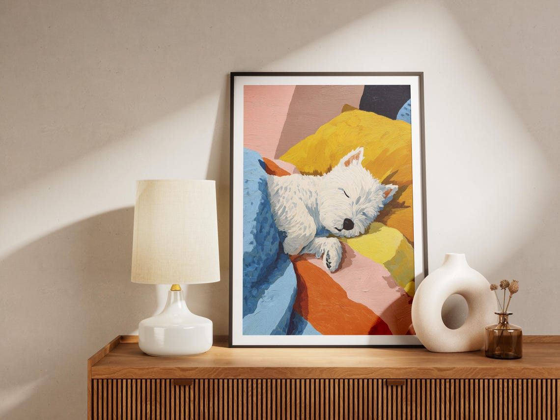 West Highland Terrier Sleeping on Colorful Striped Pillows Poster - Image 4