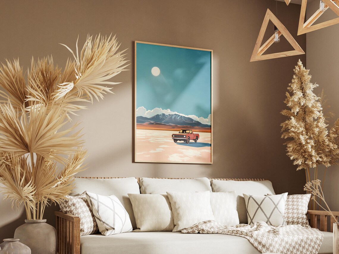 Vintage Red Pickup Truck on Vast Desert Salt Flat Poster Road Trip - Image 3