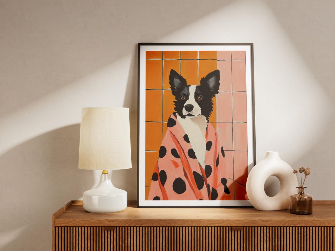 Border Collie Posing in a Pink Polka Dot Bathrobe Bathroom Poster - Image 5