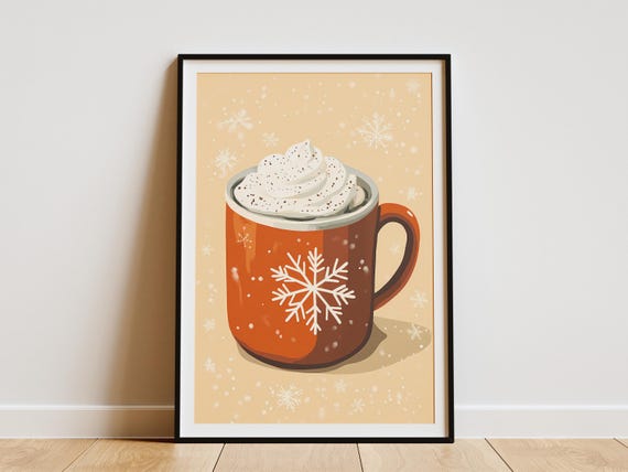 Winter Hot Cocoa Mug With Snowflakes Poster Cozy Coffee Drink Print Holiday Shop Decor Whimsical Art
