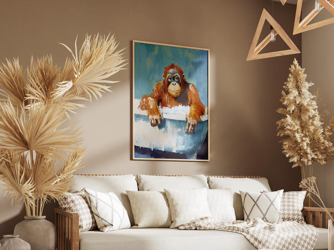 Cheerful Orangutan Soaking In Blue Bubble Bath Fun Animal Poster - Image 3