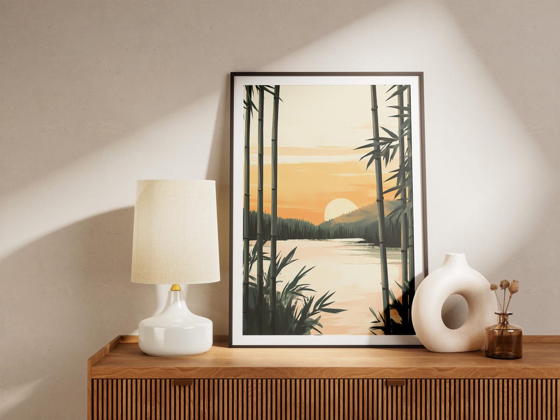 Bamboo Forest Sunrise Glowing Over a Still Golden Lake Poster - Image 5