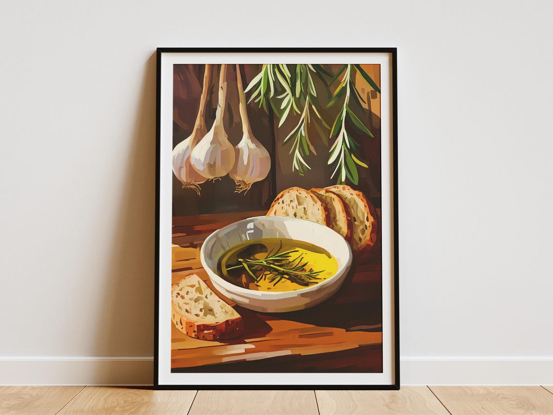 Olive Oil Rosemary Dipping Bowl Rustic Italian Bread Still Life Poster