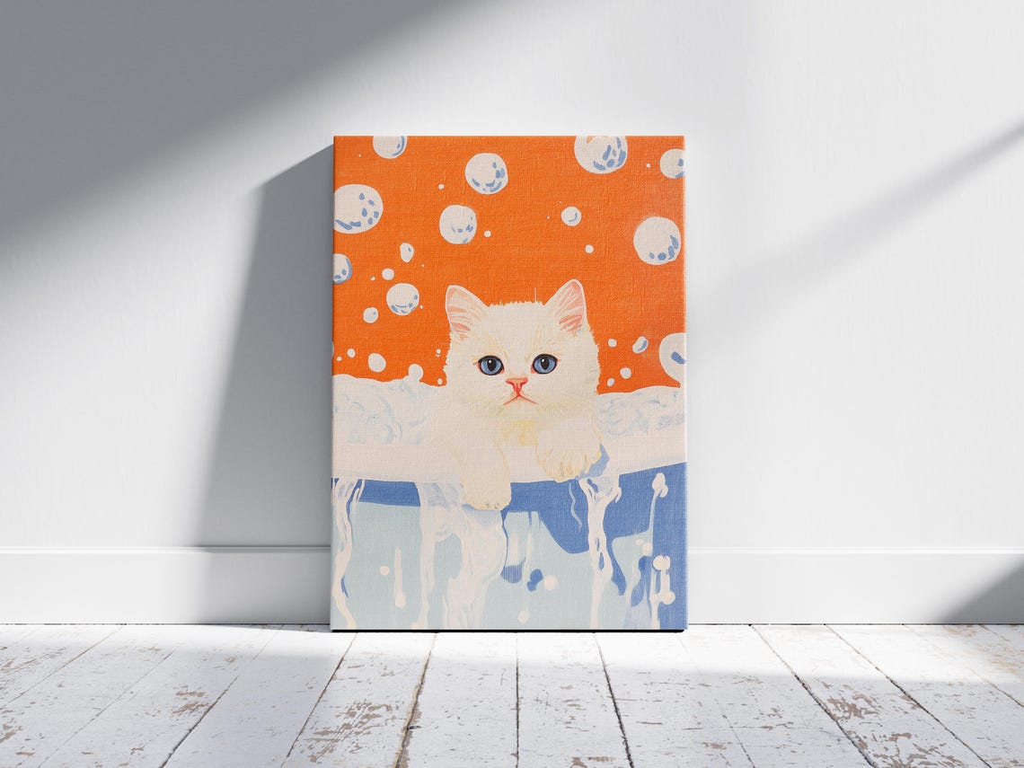 White Kitten in Foamy Blue Bubble Bath Funny Cat Lover Art Poster - Image 2