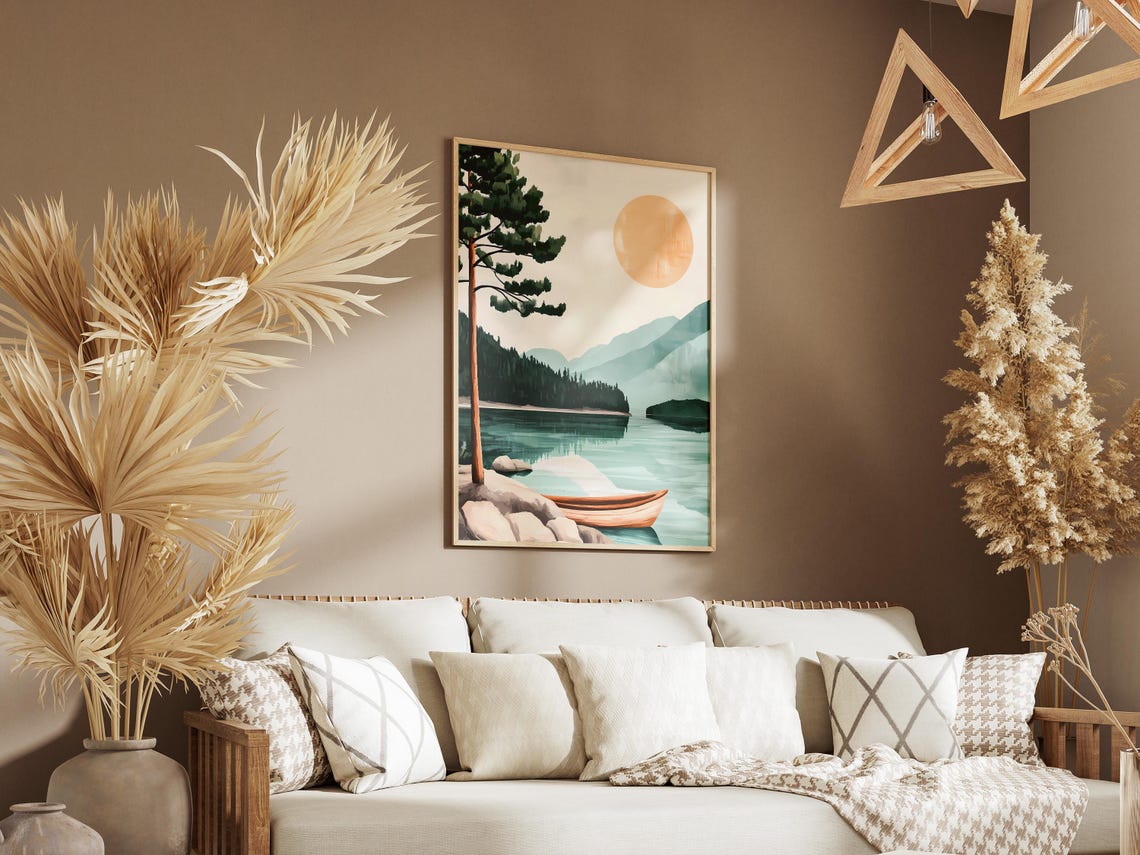 Calm Mountain Lake With Canoe Pine Tree Minimalist Art Poster - Image 3