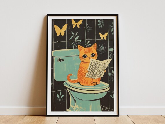 Orange Kitten Reading Newspaper on Toilet Butterfly Art Poster