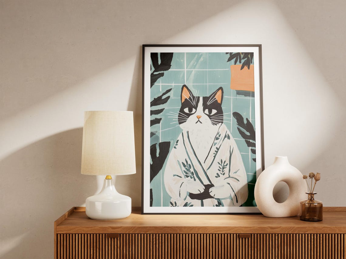 Black and White Cat in Botanical Bathrobe Green Tile Whimsical Poster - Image 4