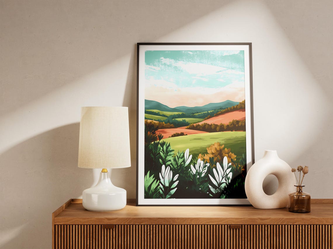 Rolling Green Valley With Orange Hills Modern Countryside Poster - Image 5