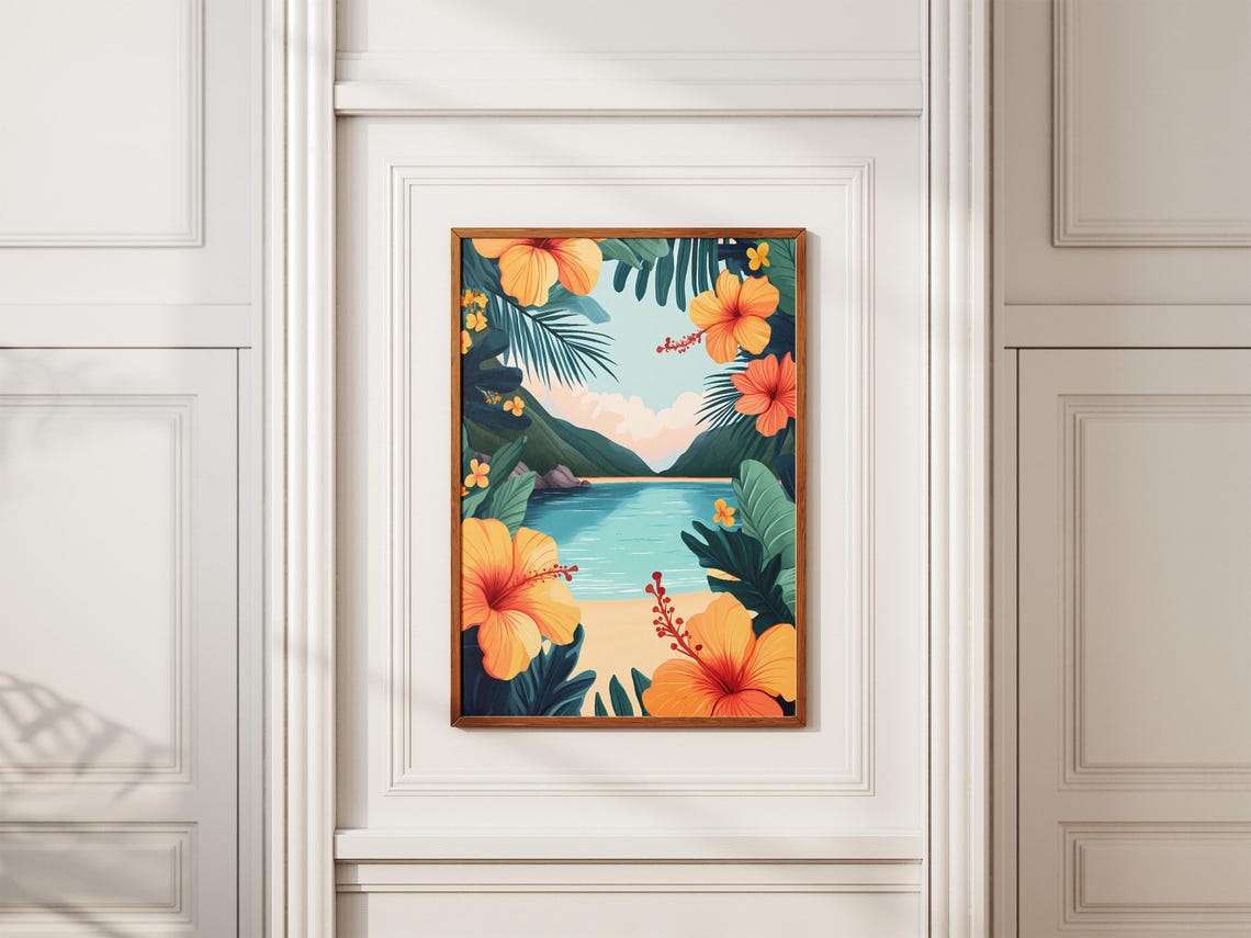 Orange Hibiscus Tropical Beach Ocean View Palm Frame Scenic Poster - Image 2