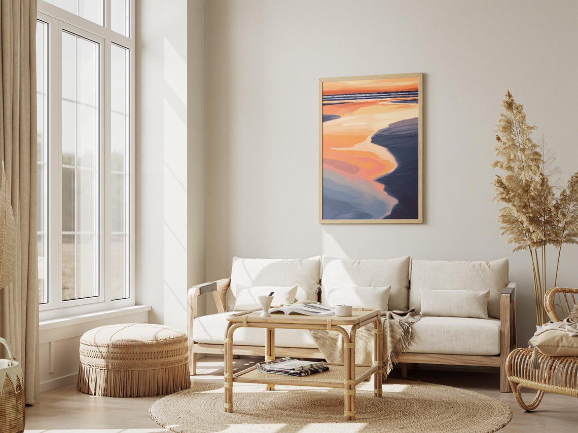 Abstract Orange and Blue Sunset Reflections on Calm Water Poster - Image 4