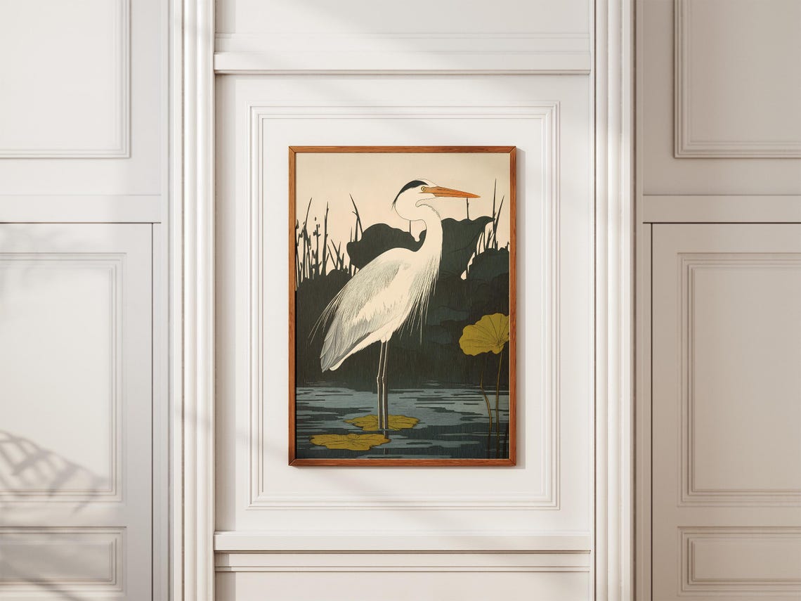 Elegant White Heron Among Lilies Japanese Woodblock Style Poster - Image 2