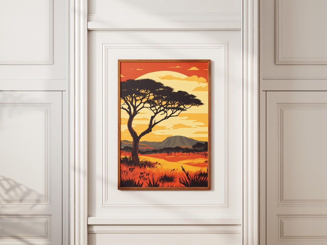 African Savanna Sunset Acacia Tree Silhouette Illustration Poster - Image 2