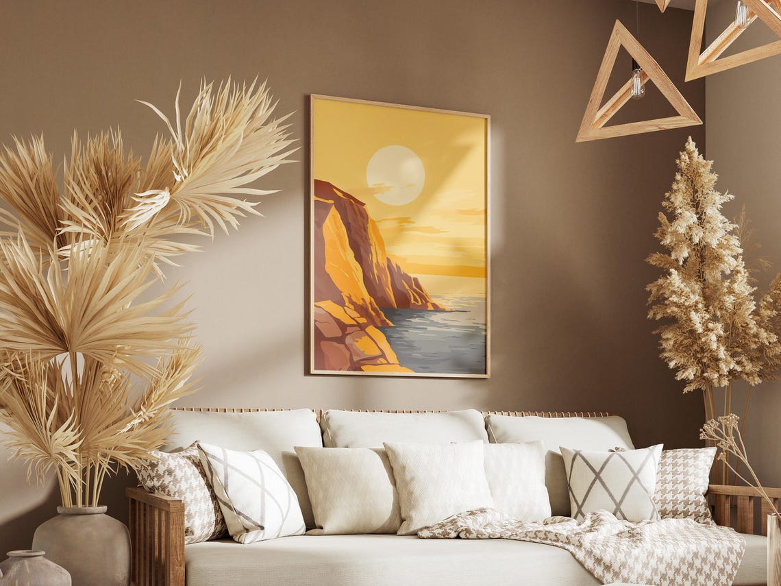 Sunlit Minimalist Golden Cliffs Beneath a Giant White Sun Poster - Image 3