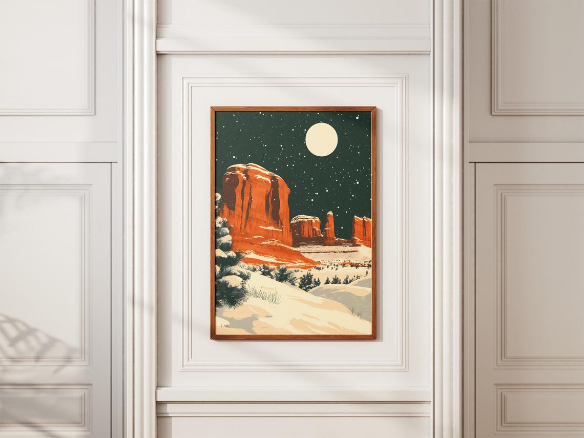 Arches National Park Winter Night Poster with Snowy Red Rock Cliffs - Image 2