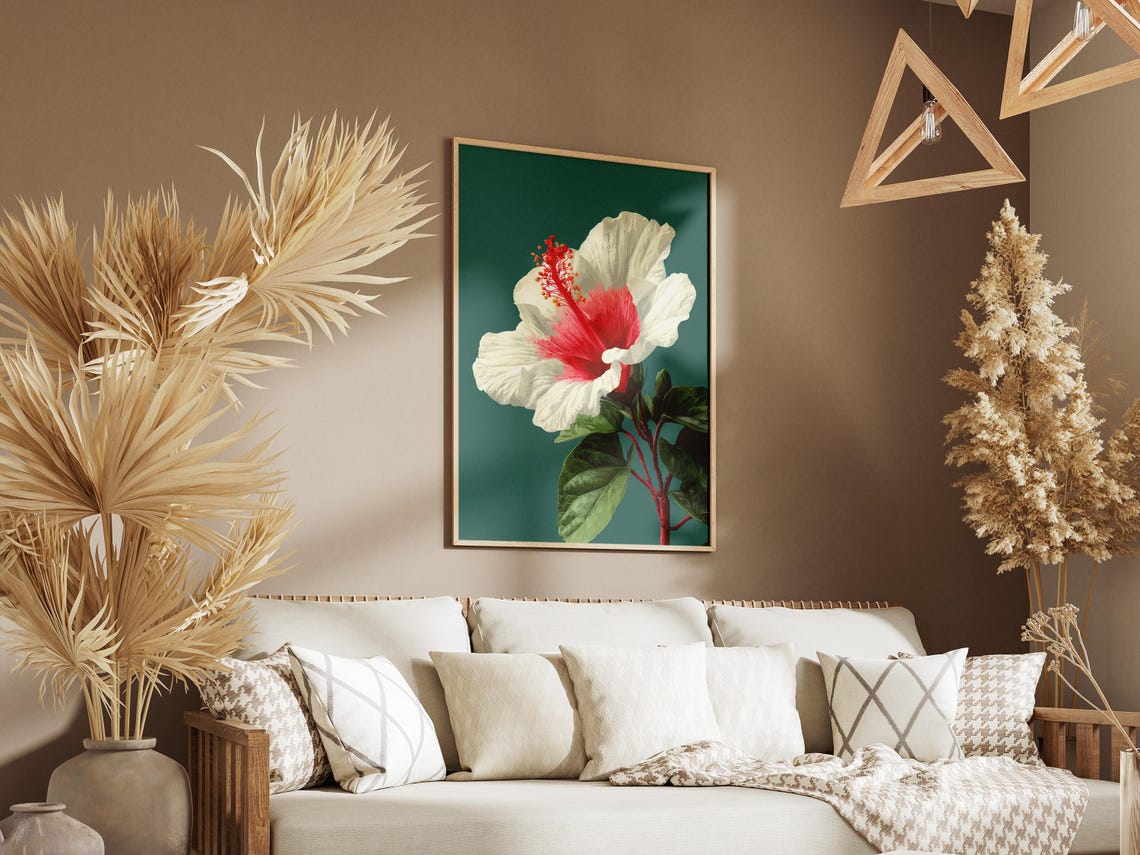 White Hibiscus Flower Botanical Illustration Dark Teal Floral Poster - Image 3