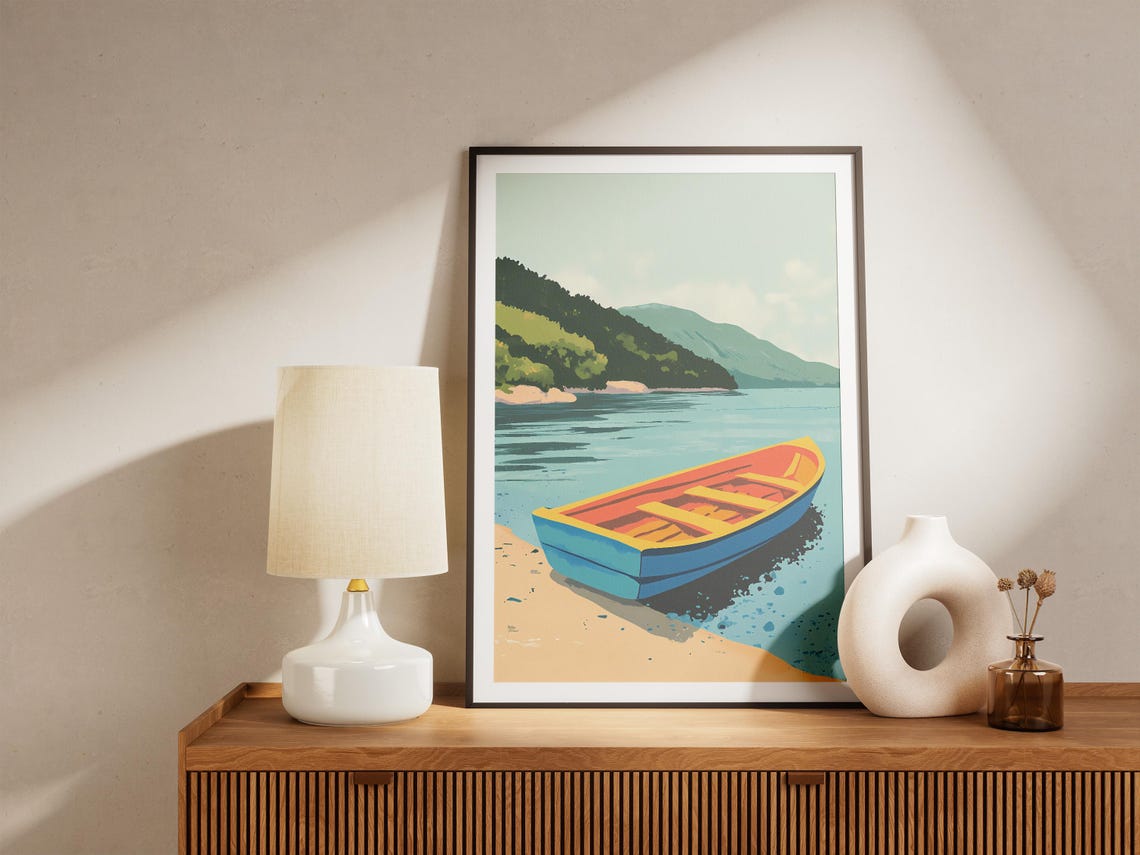 Blue and Red Rowboat Beached on a Quiet Mountain Lake Shore Poster - Image 5