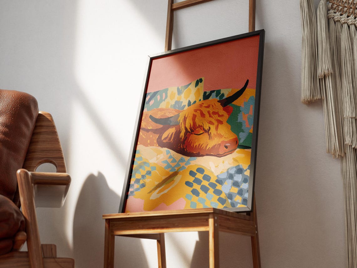Highland Cow Sleeping Matisse Style Abstract Gouache Art Poster - Image 3