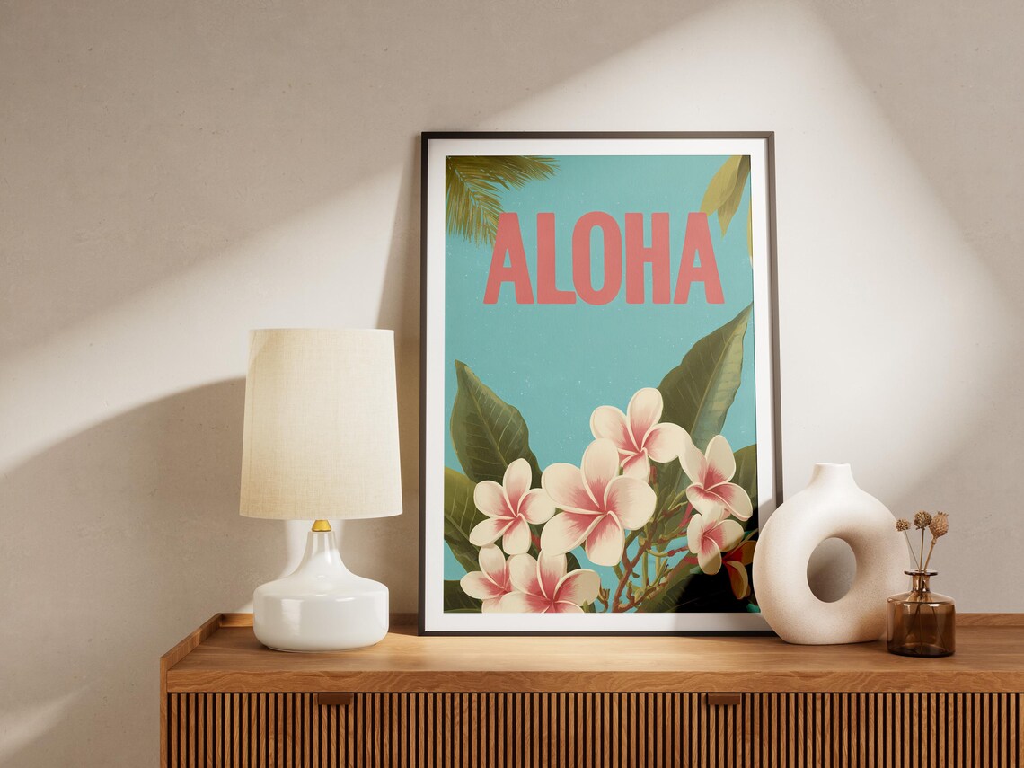 Aloha Plumeria Flower Typography Turquoise Tropical Island Poster - Image 4