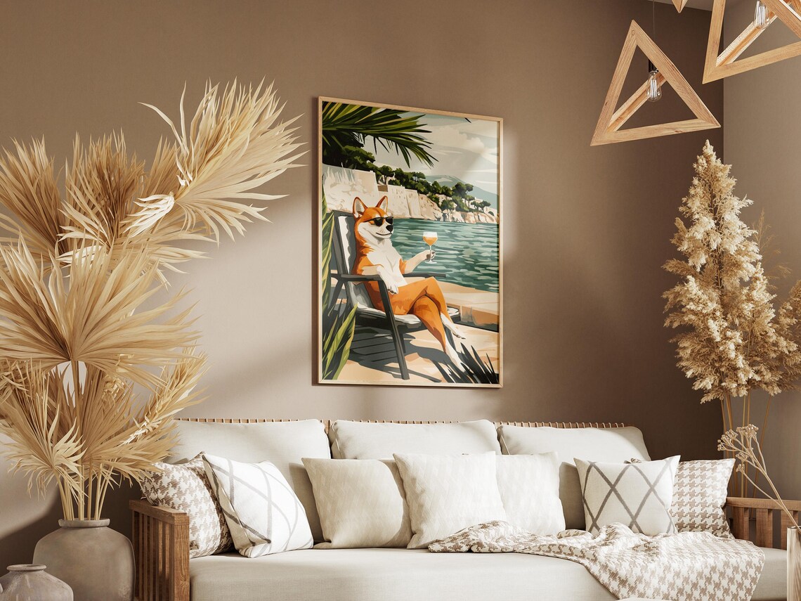 Cool Shiba Inu In Sunglasses Lounging With Cocktail Sea Poster - Image 3