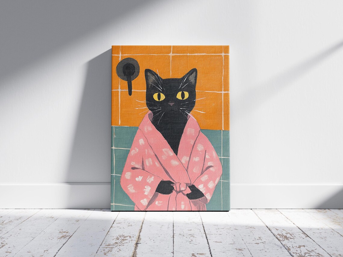 Black Cat in Pink Bathrobe Under Shower Funny Cat Art Poster - Image 2