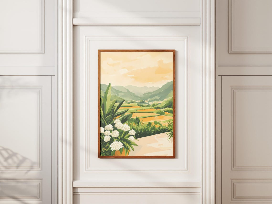 Green Rice Terrace Valley White Blossoms Yellow Sky Scenic Poster - Image 2