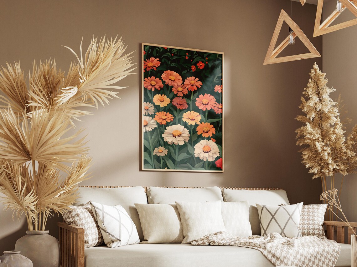 Colorful Zinnias Blooming in Orange Pink Yellow and Cream Poster - Image 3