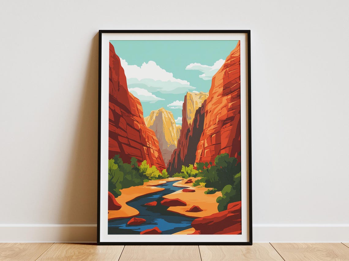 Zion National Park Utah Red Rock Canyon River Landscape Poster