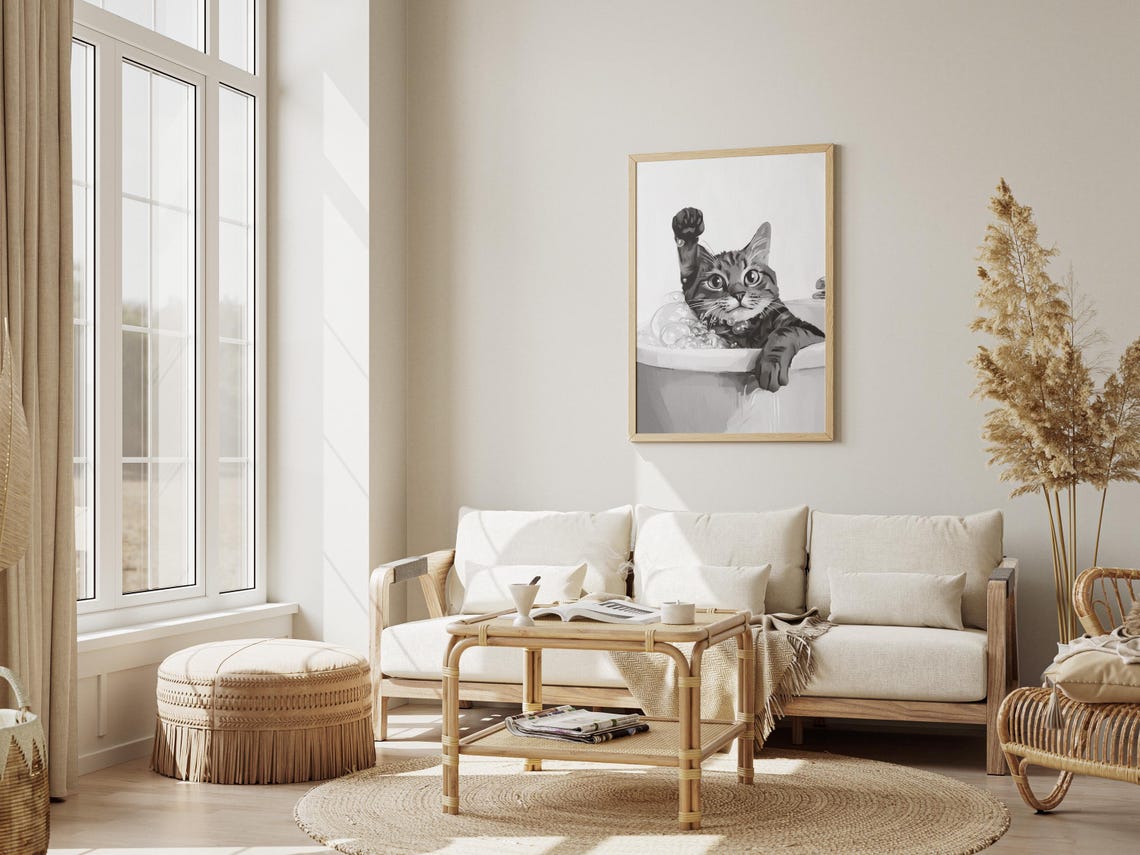 Tabby Cat In A Bubble Bath With Raised Paw Black White Poster - Image 3