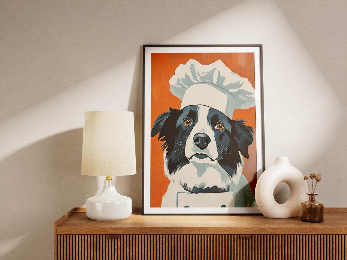 Border Collie Chef Whimsical Dog Portrait Orange Kitchen Poster - Image 4