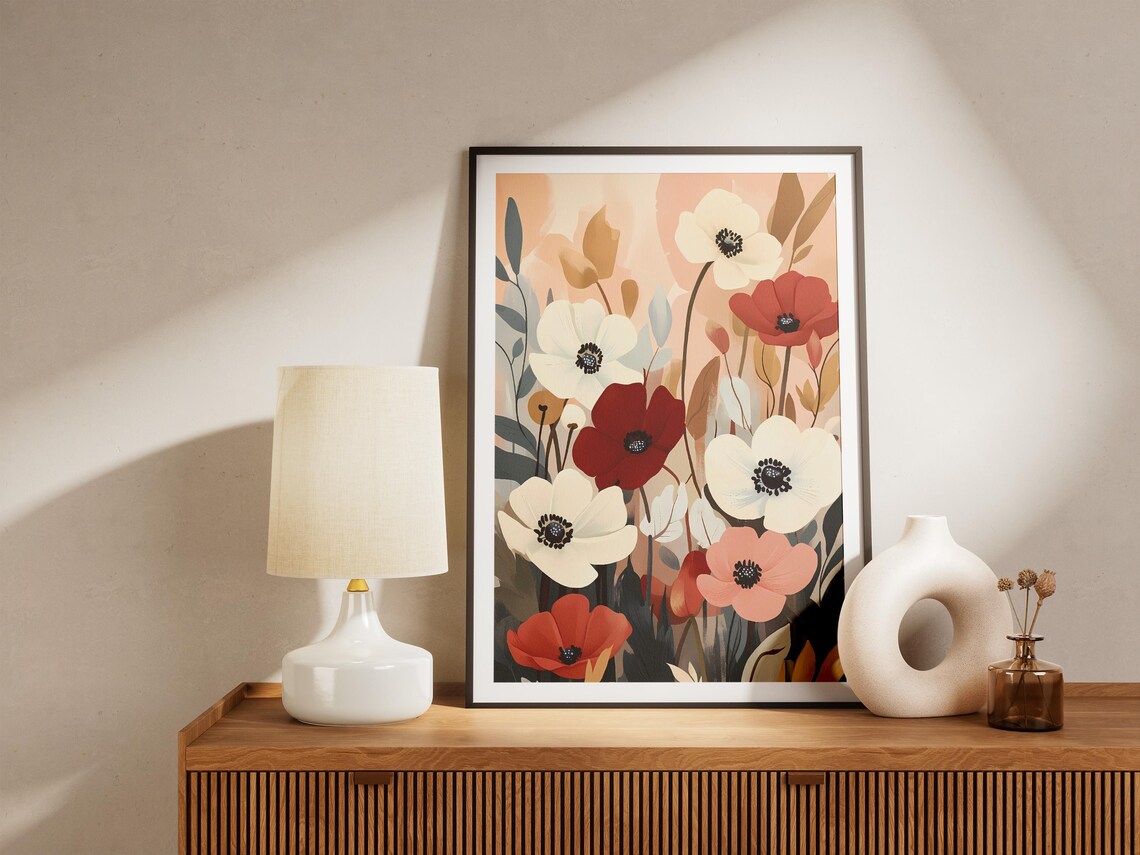 Bohemian Red White Coral Anemone Flower Meadow Botanical Art Poster - Image 5