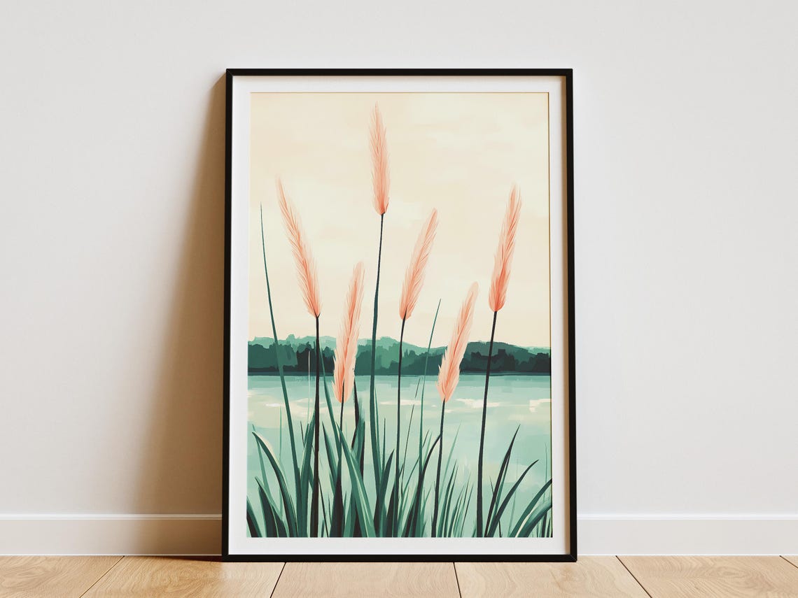 Tall Pink Pampas Grass Swaying Over a Still Lakeside Morning Poster