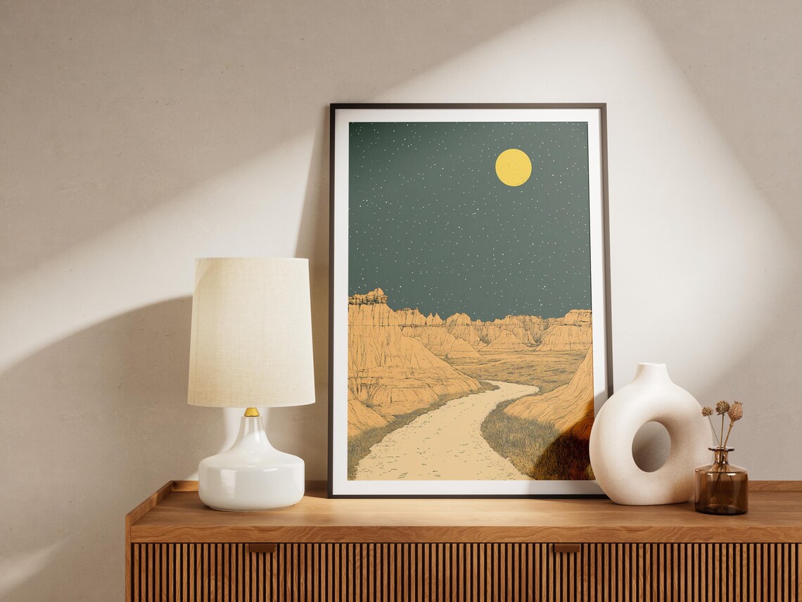 Badlands National Park Moonlit Canyon With Winding Riverbed Night Poster - Image 4