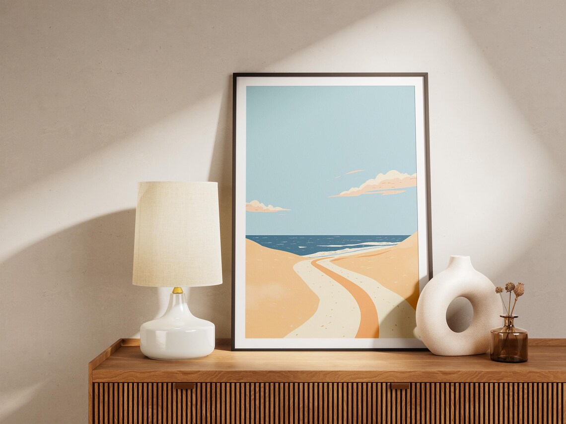 Sandy Path to the Sea Minimalist Beach Poster in Peach and Blue - Image 5