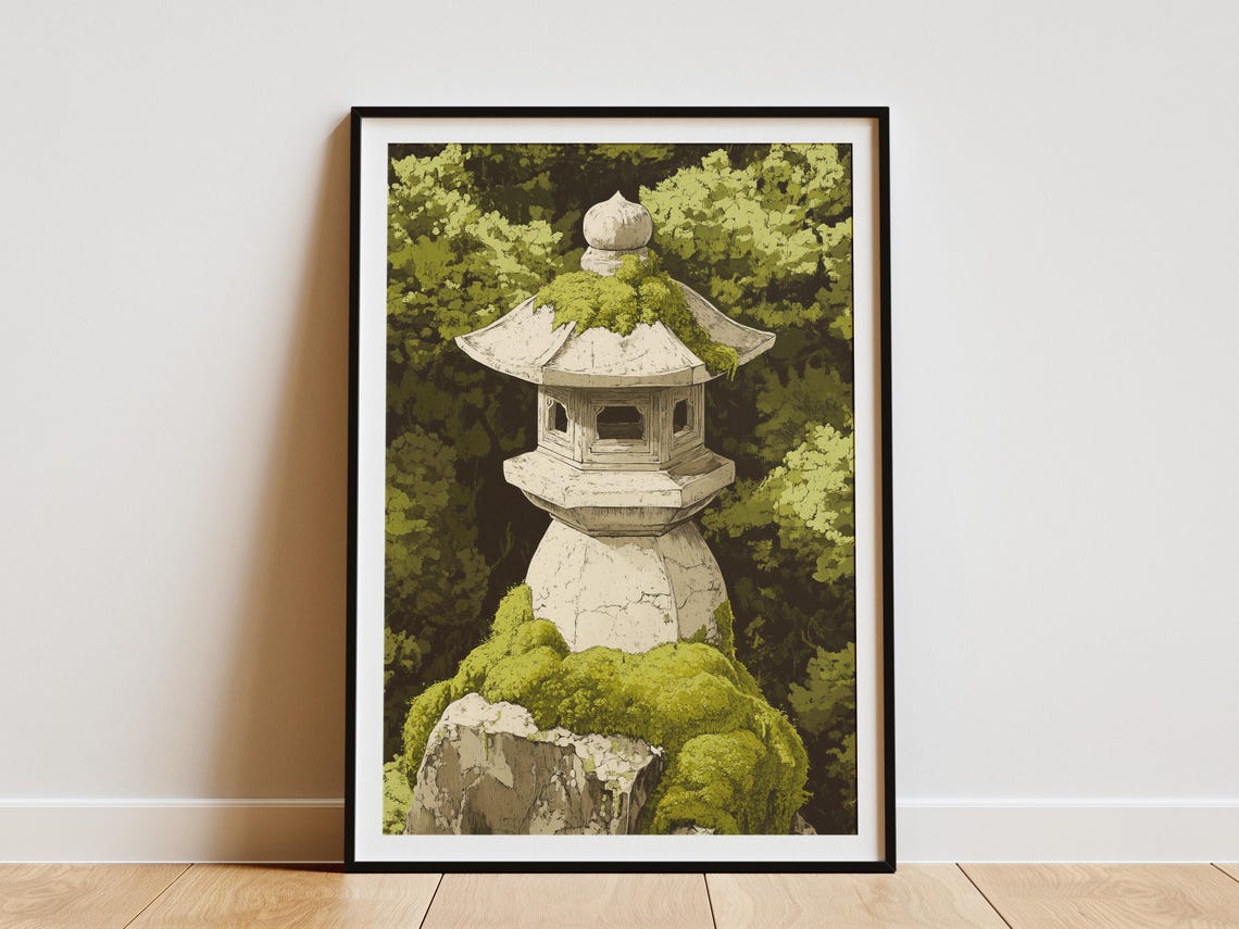 Moss Covered Japanese Stone Lantern in Lush Green Forest Poster
