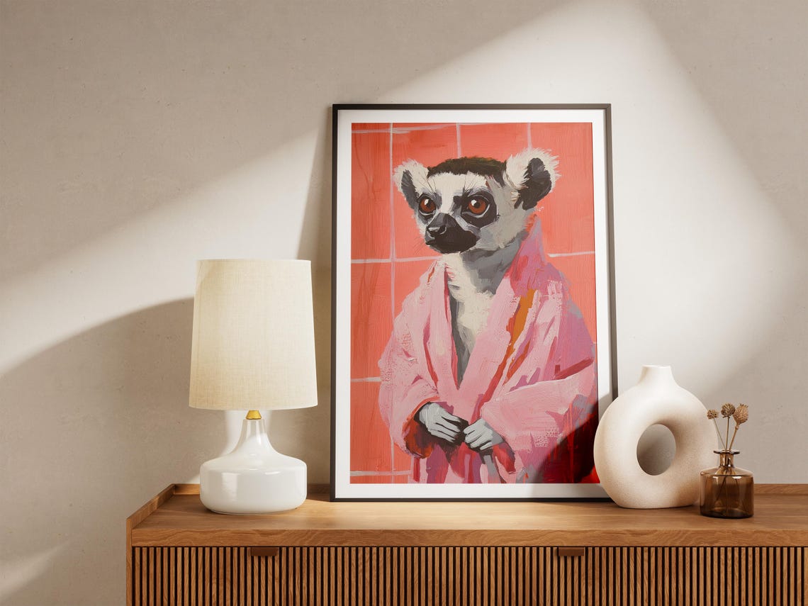 Ring Tailed Lemur in Pink Bathrobe Coral Bathroom Animal Poster - Image 5
